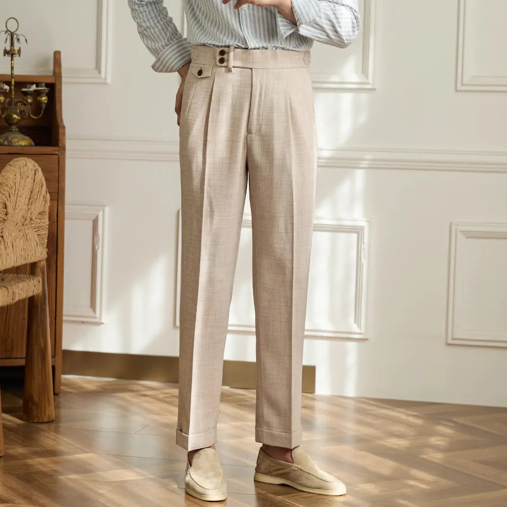 Men's British Fashion Slim Fit Italian Trousers – Apricot | Breathable Casual Style | Old Money Aesthetic