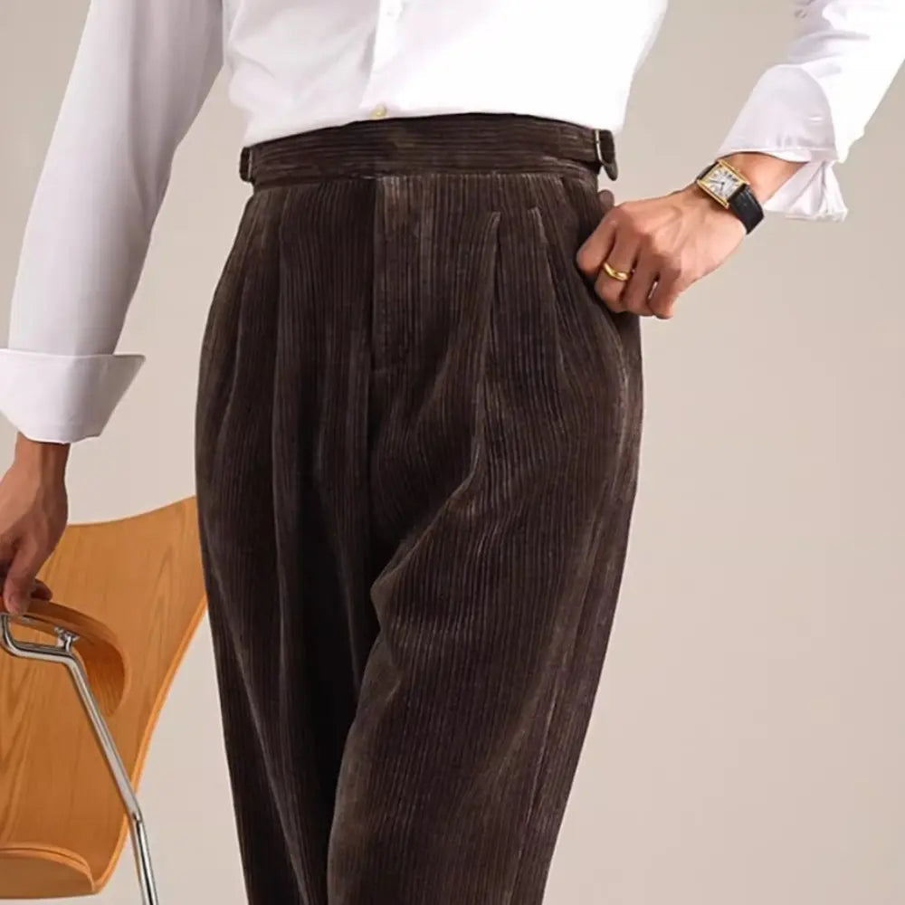 High Waist Double Pleated Pants – Coffee/Black | Vintage Casual | Old Money Menswear