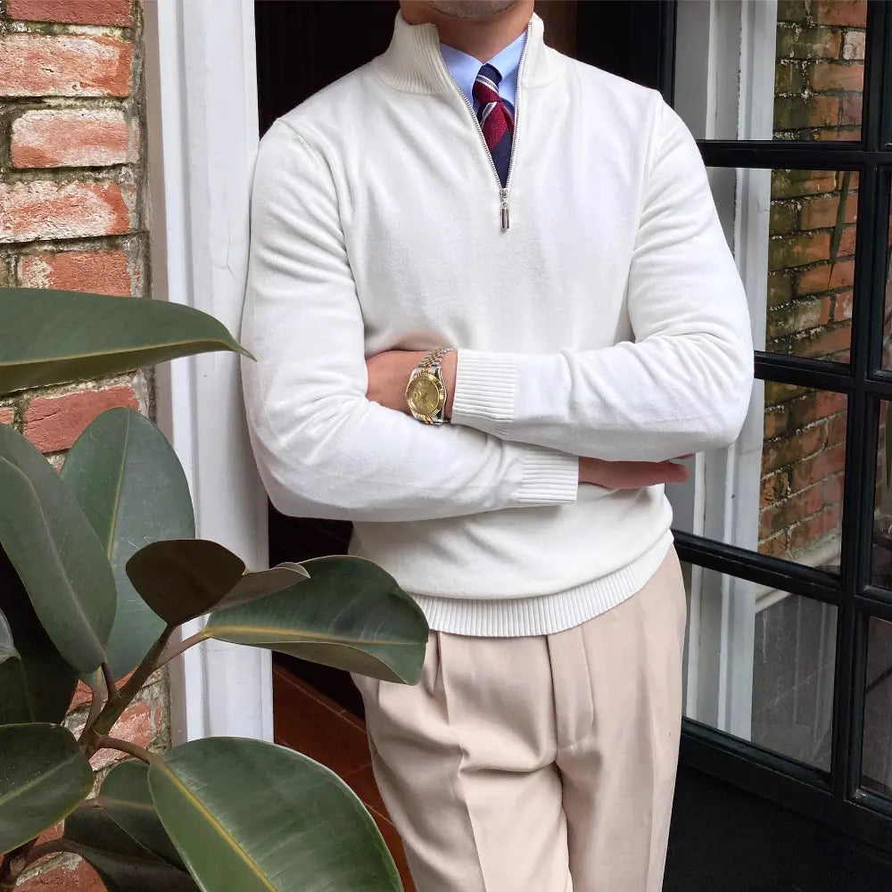 Men's Stand Collar Zipper Knitted Long Sleeve Sweater – Black, White & Brown | Old Money Menswear
