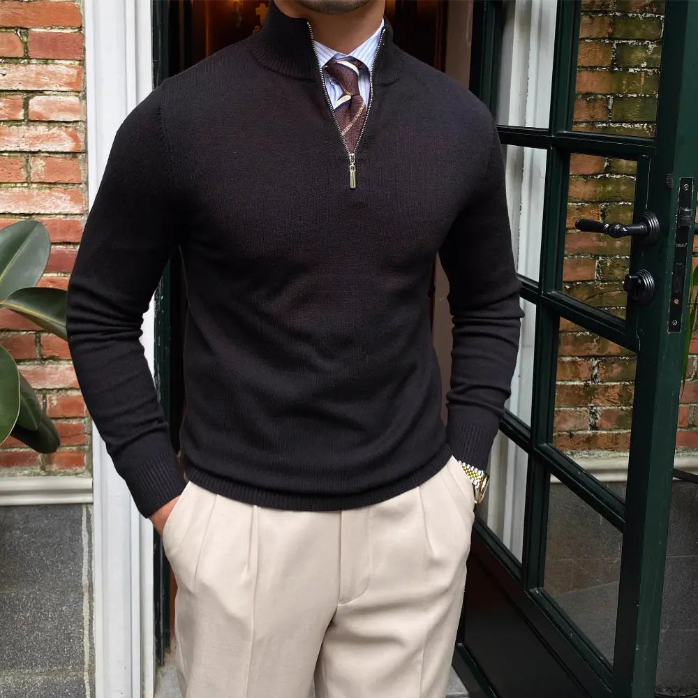 Men's Stand Collar Zipper Knitted Long Sleeve Sweater – Black, White & Brown | Old Money Menswear