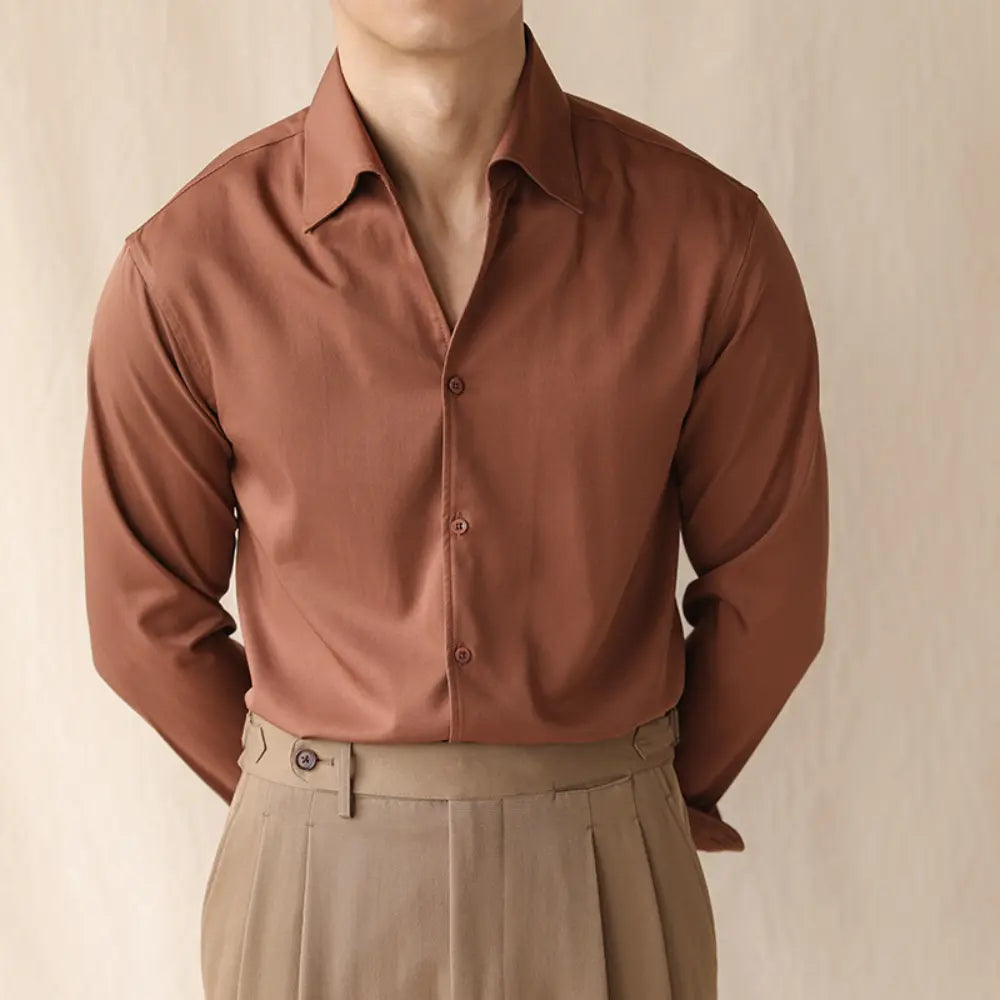 Loose Fit One-piece Collar Long Sleeved Shirt –  Iron Red, Jungle Green, Black, White | Leisure Style | Crisp Non-Iron Look