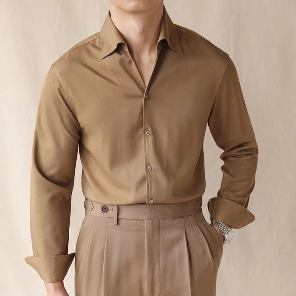 Loose Fit One-piece Collar Long Sleeved Shirt –  Iron Red, Jungle Green, Black, White | Leisure Style | Crisp Non-Iron Look