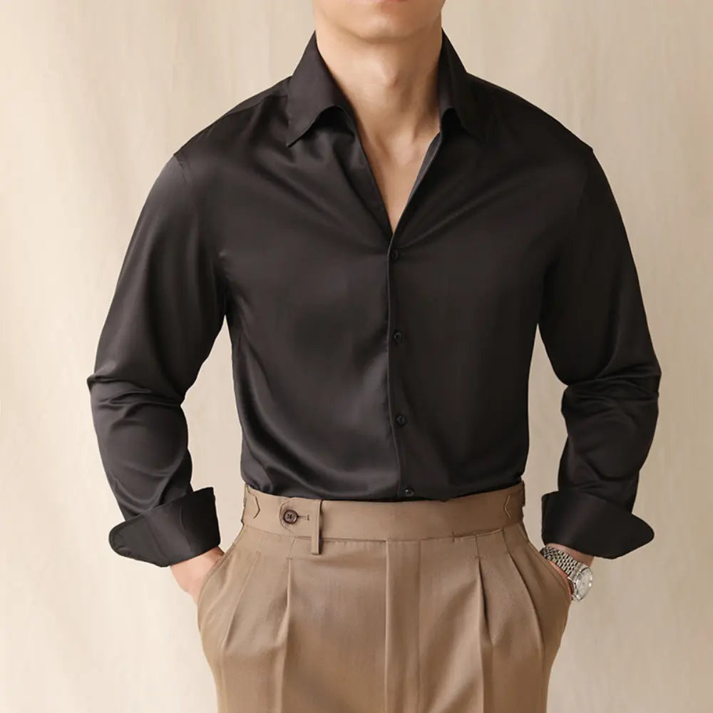 Loose Fit One-piece Collar Long Sleeved Shirt –  Iron Red, Jungle Green, Black, White | Leisure Style | Crisp Non-Iron Look