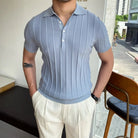 Slim Fit Striped Polo Collar Sweater – Light Blue & White | Leisure Essential | Old Money Menswear Prendersons