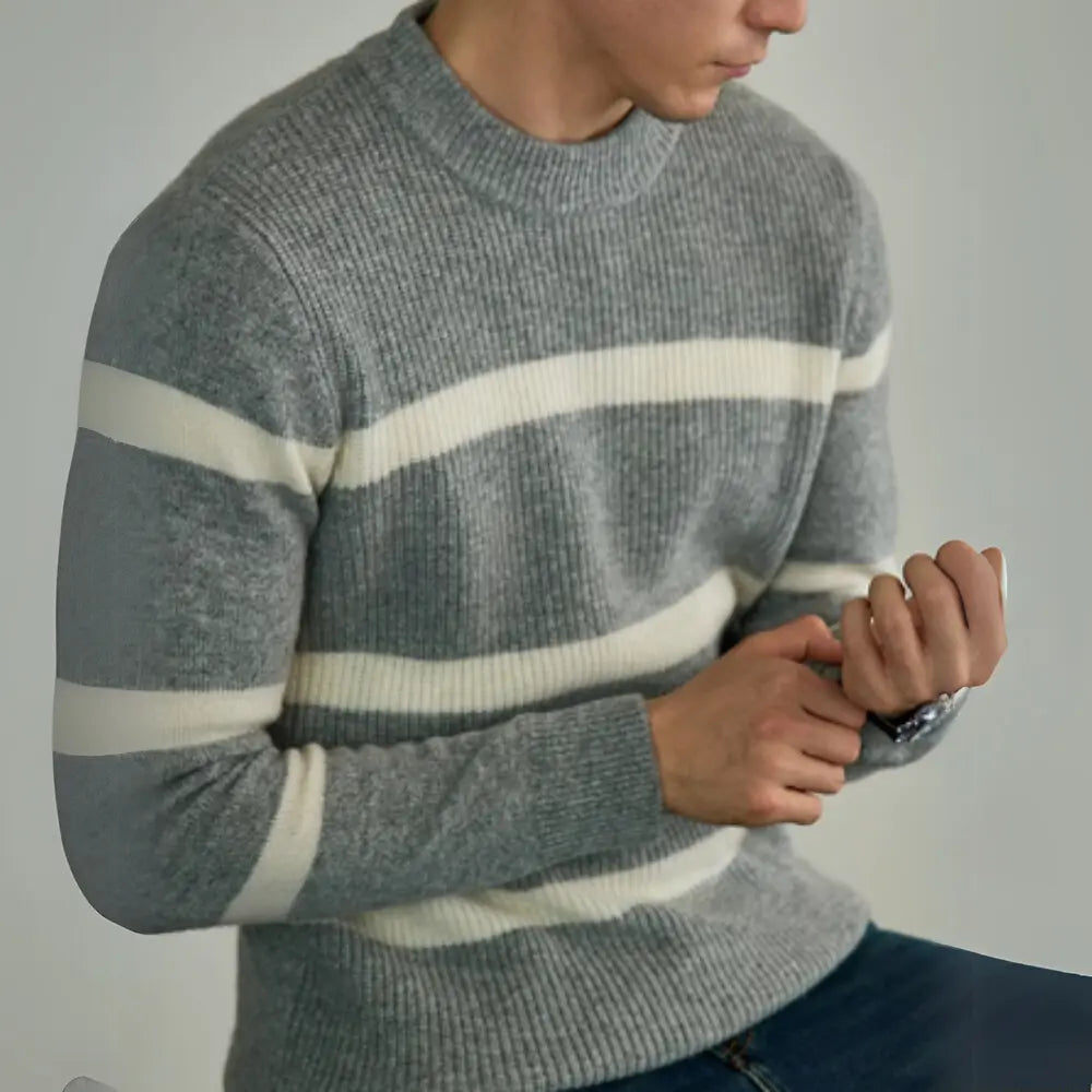 Men's Casual Contrast Color Warm Striped Sweater – Light Grey | Casual Elegance | Pure Wool Menswear