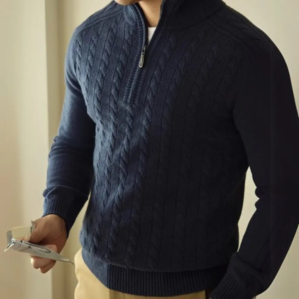 Regular Fit Pure Wool Sweater – Ink Blue | Zip Collar Knit | Old Money Menswear