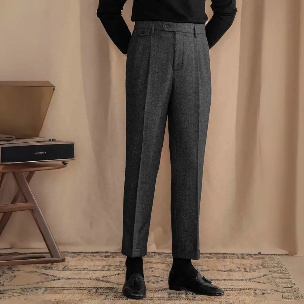 Slim Fit Herringbone Trousers – Grey | Heritage Stitching | Old Money Aesthetic