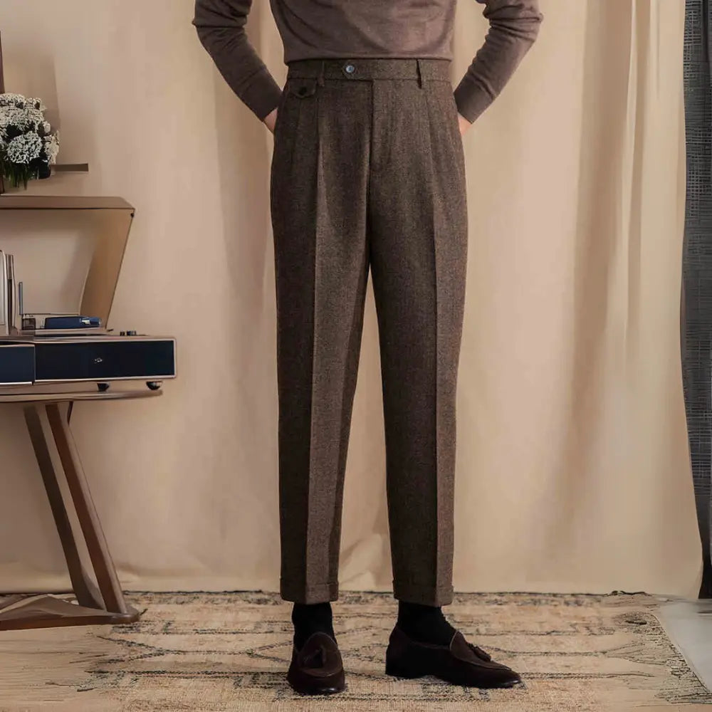 Slim Fit Herringbone Trousers – Grey | Heritage Stitching | Old Money Aesthetic