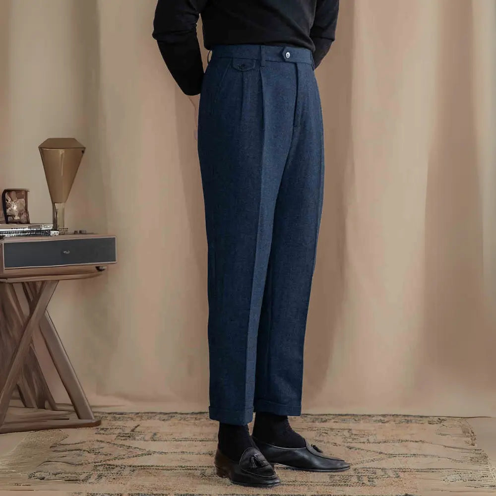 Slim Fit Herringbone Trousers – Grey | Heritage Stitching | Old Money Aesthetic