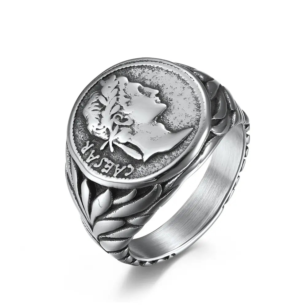 Roman Empire Caesar Ring – Silver | Vintage Warrior Emblem | Statement Stainless Steel