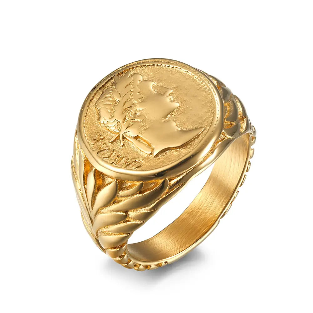 Roman Empire Caesar Ring – Silver | Vintage Warrior Emblem | Statement Stainless Steel