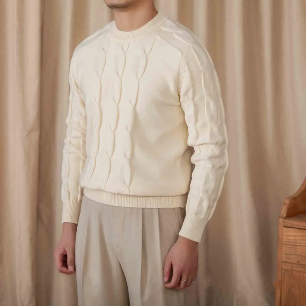 Slim Fit Round Neck Sweater – Beige | Casual Jacquard Knit | Stretch Everyday Menswear
