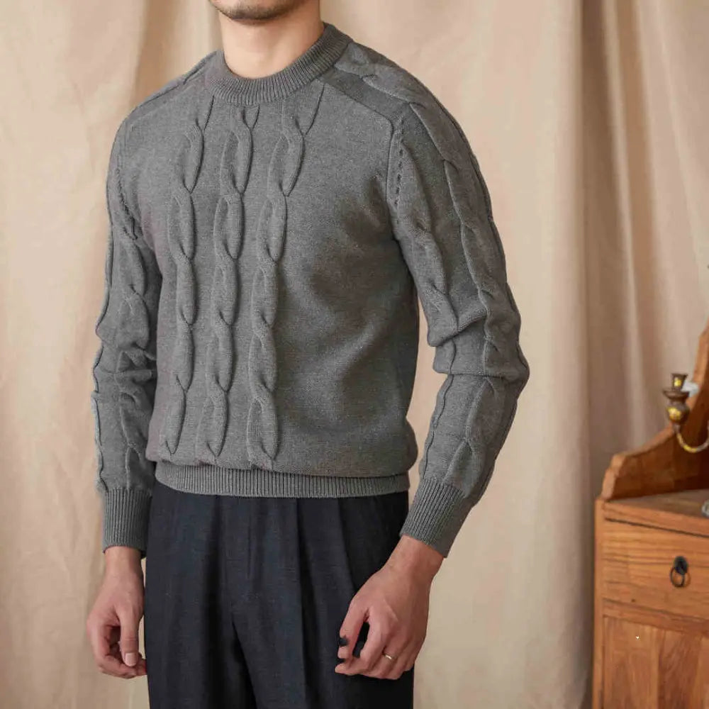 Slim Fit Round Neck Sweater – Beige | Casual Jacquard Knit | Stretch Everyday Menswear