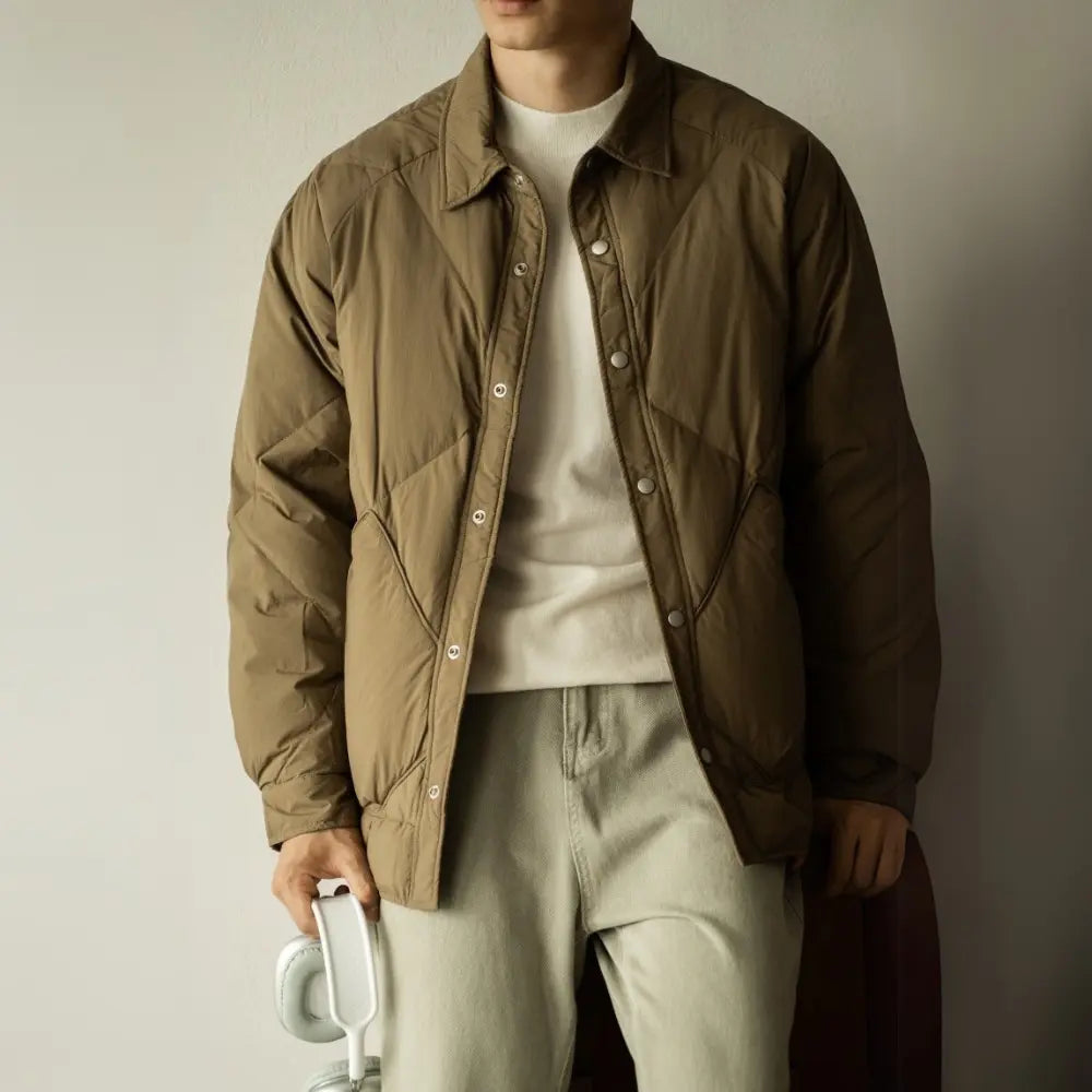 Loose Fit Men's Shirt Collar Down Jacket – Amber Green & Black | Winter Leisure | Old Money Menswear