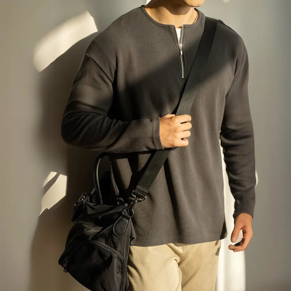 Spring Lapel Mens Long Sleeve T Shirt with Solid Color – Light Gray | Old Money Menswear