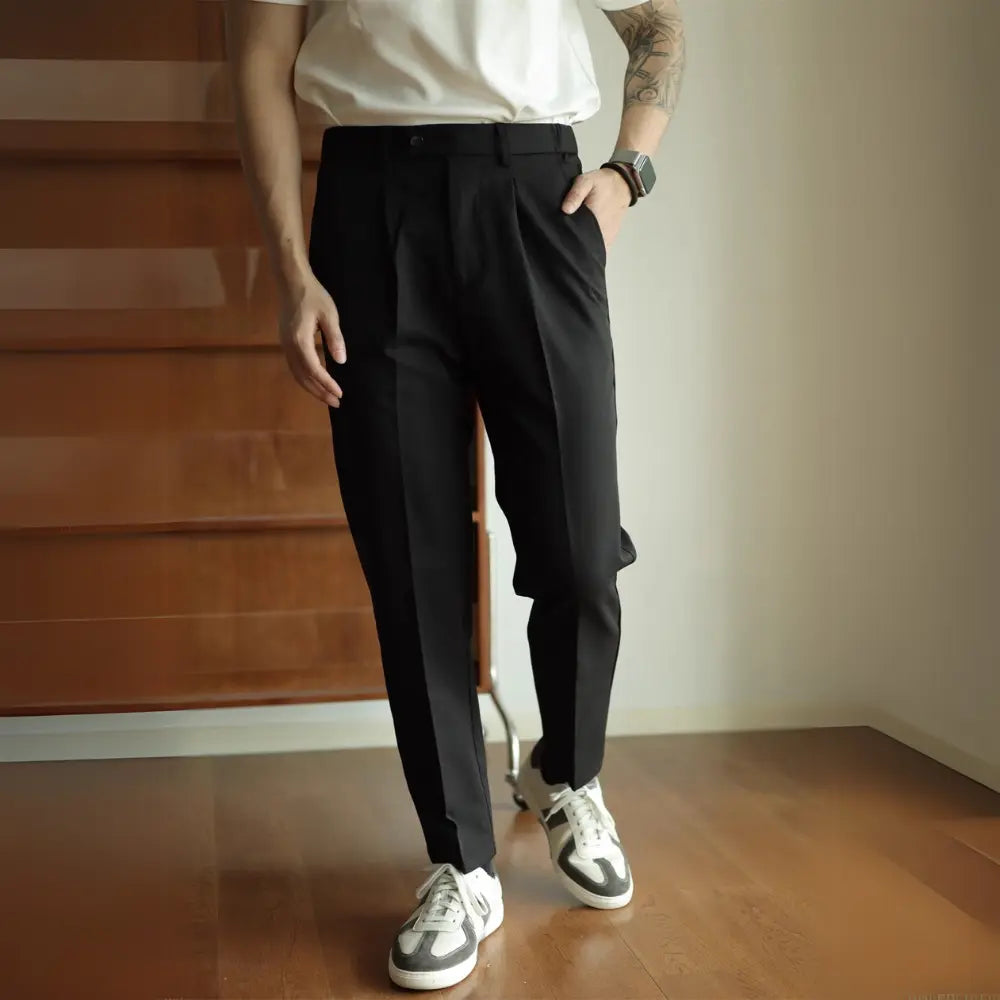 Regular Fit Draped Cropped Trousers – Black/Grey | Smart Casual | Cropped Pants