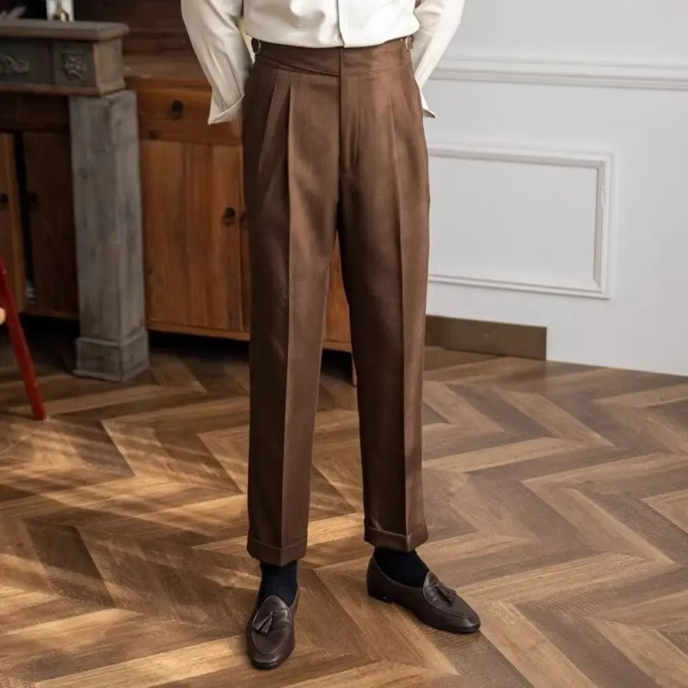 Men's Straight High Waisted Vintage Suit Pants - Light Brown | Leisure Essential | Old Money Elegance Prendersons