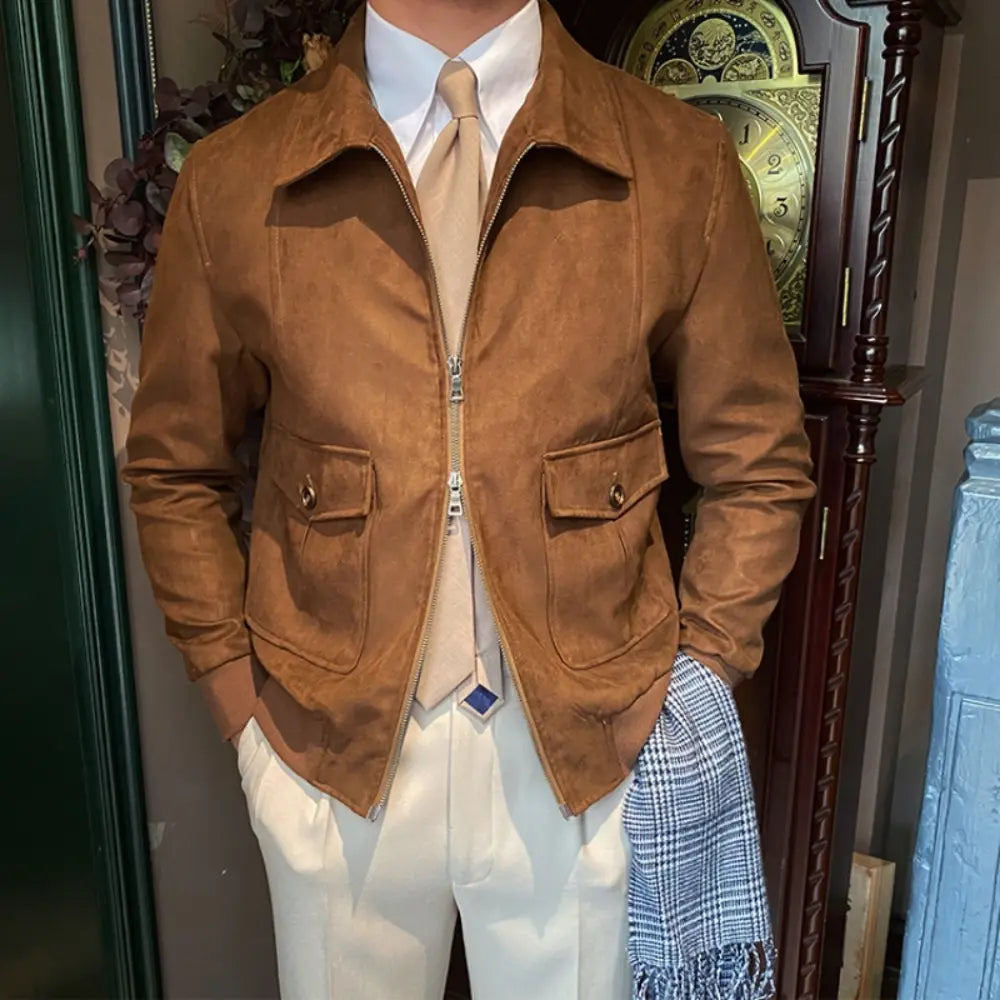 Regular Fit Suede Coffee Bomber Jacket – Dark Brown | Casual Wear | Old Money Style