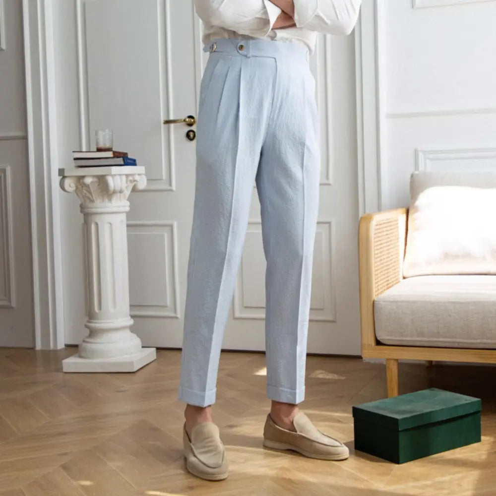 Summer Men's High Waisted Pants – Striped Blue | Summer Officewear | Old Money Menswear Prendersons