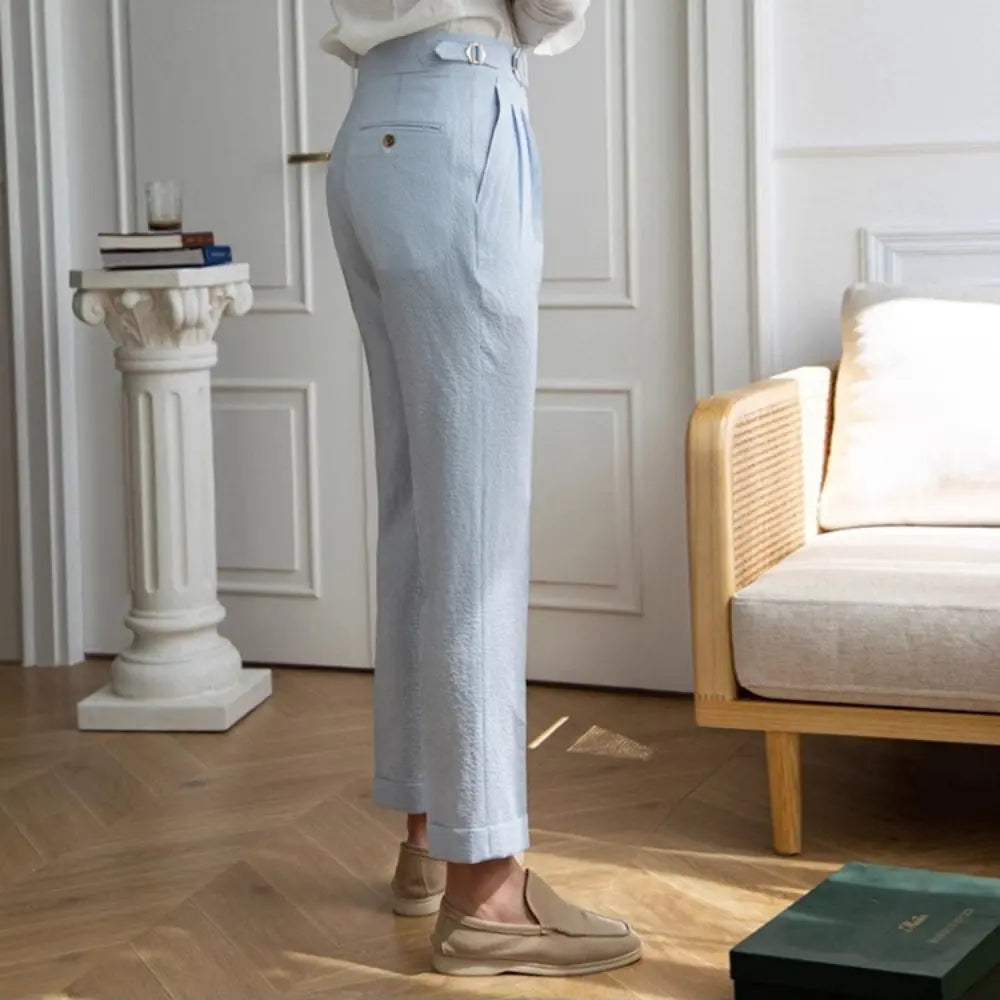 Summer Men's High Waisted Pants – Striped Blue | Summer Officewear | Old Money Menswear Prendersons