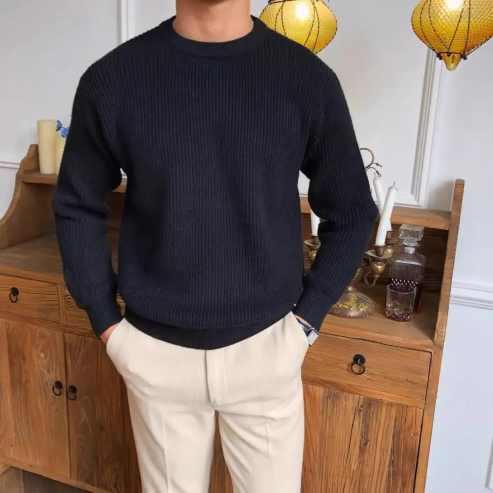 Loose Fit Thick Cotton Men's Sweater – Green, Blue, Black & White | Daily Comfort | Korean-Inspired Old Money Style