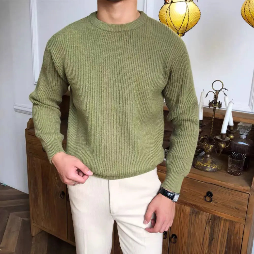 Loose Fit Thick Cotton Men's Sweater – Green, Blue, Black & White | Daily Comfort | Korean-Inspired Old Money Style