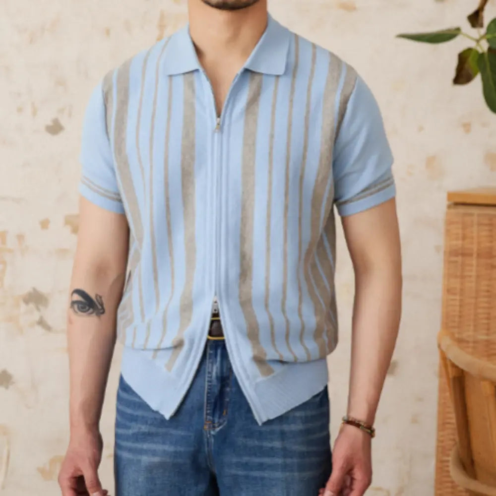 Vintage Stripe Cotton Knitted Short Sleeve Cardigan - Khaki | Casual Layering | Old Money Menswear