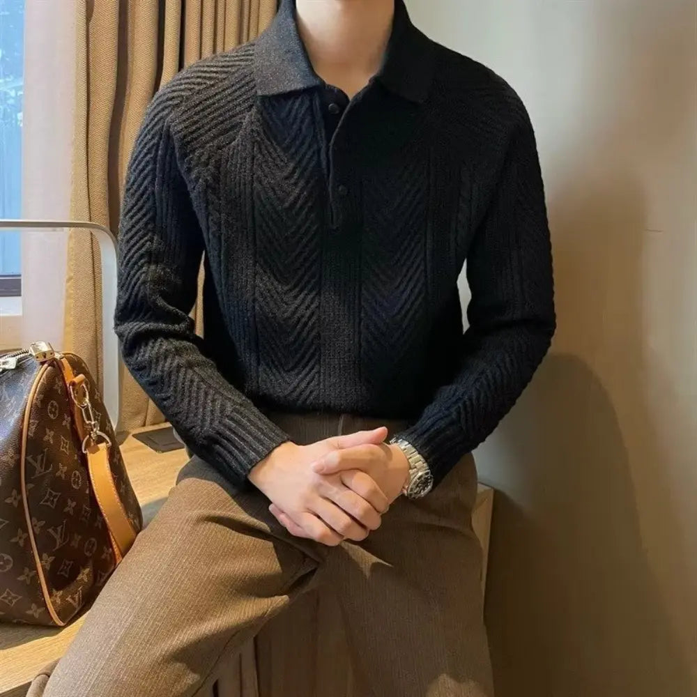 Winter Thermal Base Pullover Mens Polo Sweater Shirt– Black, Apricot & Grey | Winter Leisurewear | Old Money Style