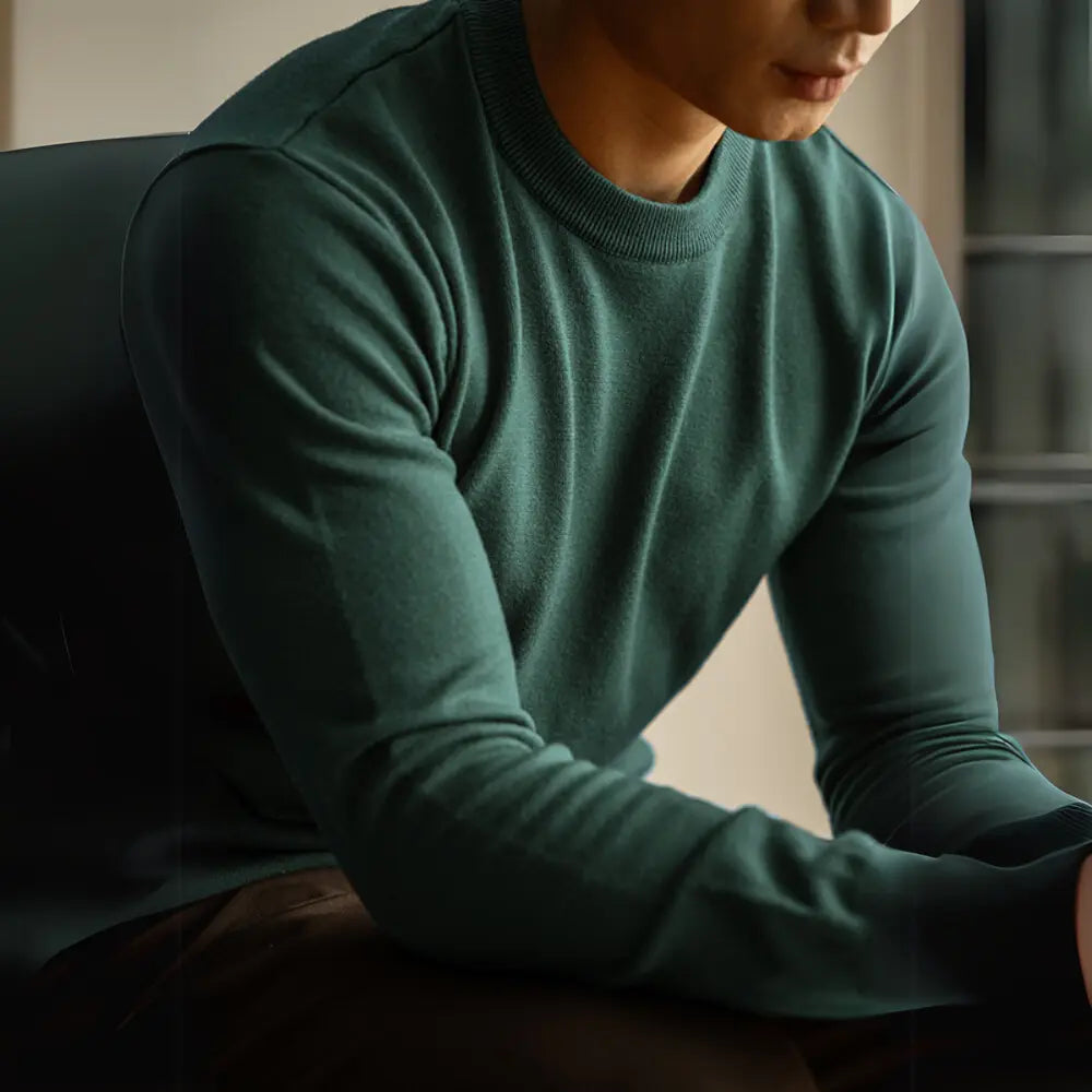 Slim Fit Wool Tencel Round Neck Sweater – Temperament Green | Office Casual | Light Luxe Blend
