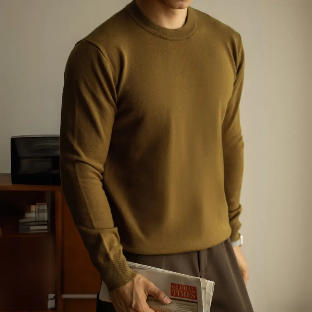 Slim Fit Wool Tencel Round Neck Sweater – Temperament Green | Office Casual | Light Luxe Blend