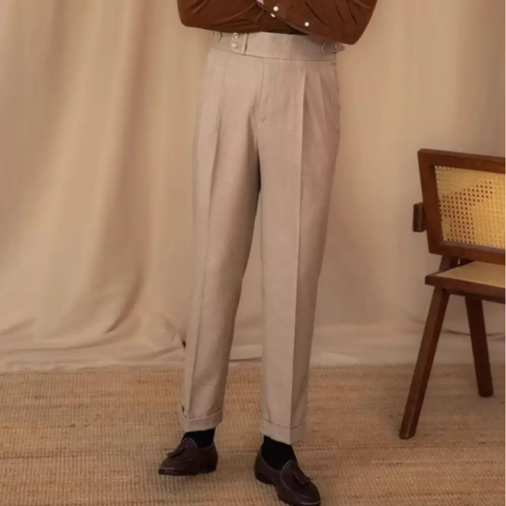Young British Casual High Waist Pants Men's Warm Straight - Apricot, Dark Grey | Spring & Autumn Casual | Old Money Menswear Prendersons