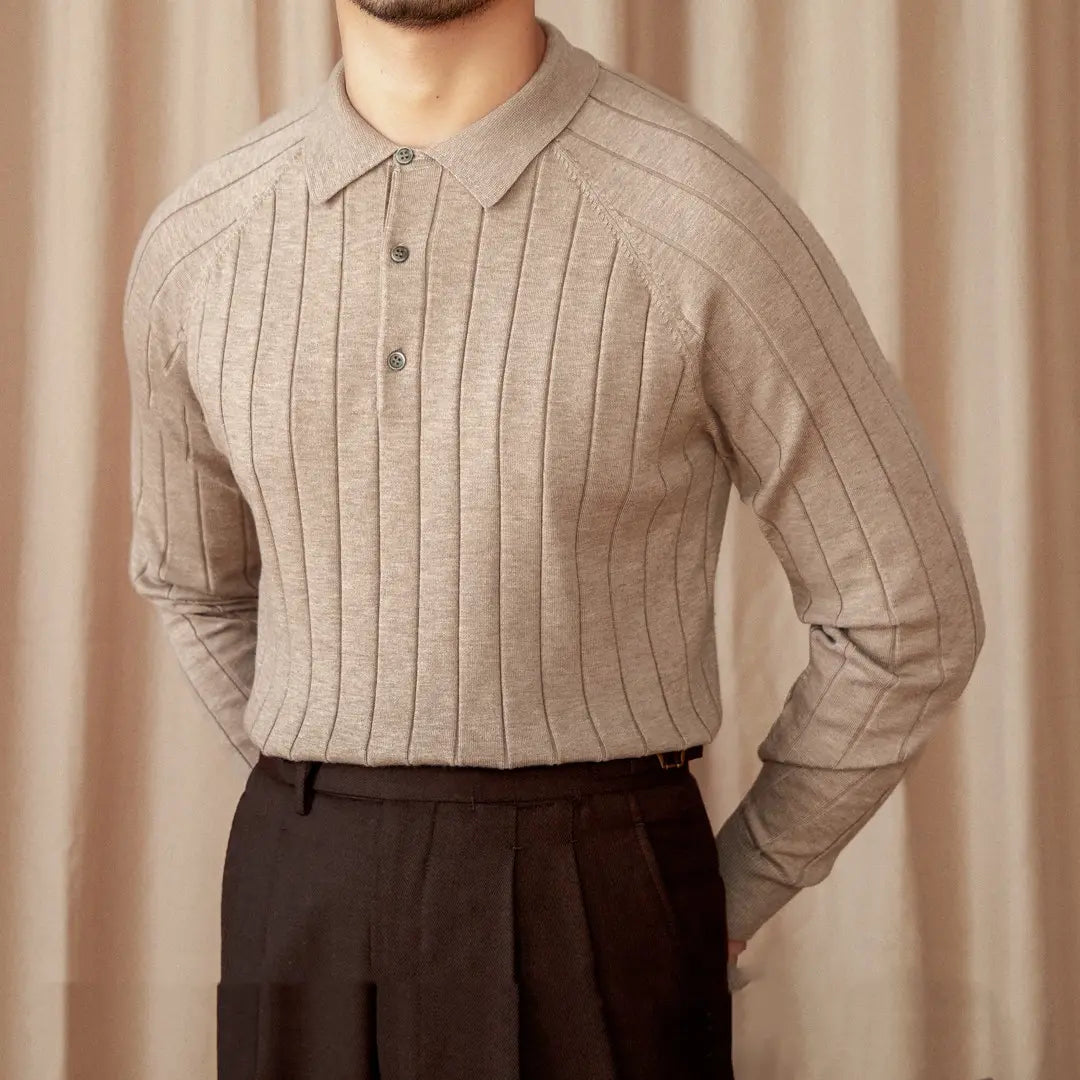 Slim Fit Lapel Long Sleeve Sweater – Camel | Autumn/Winter Smartwear | British Old Money Aesthetic